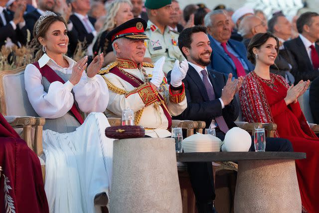 <p>Balkis Press/ABACA/Shutterstock</p> Queen Rania, King Abdullah, Crown Prince Hussein and Princess Rajwa at the national event commemorating King Abdullah's Silver Jubilee on June 9, 2024.