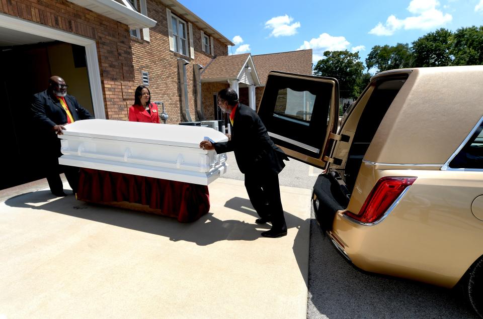 The coffin of Sonya Massey is loaded into the hearse after her funeral at Ruby's Funeral Services and Chapel in Springfield Friday, July 19, 2024.