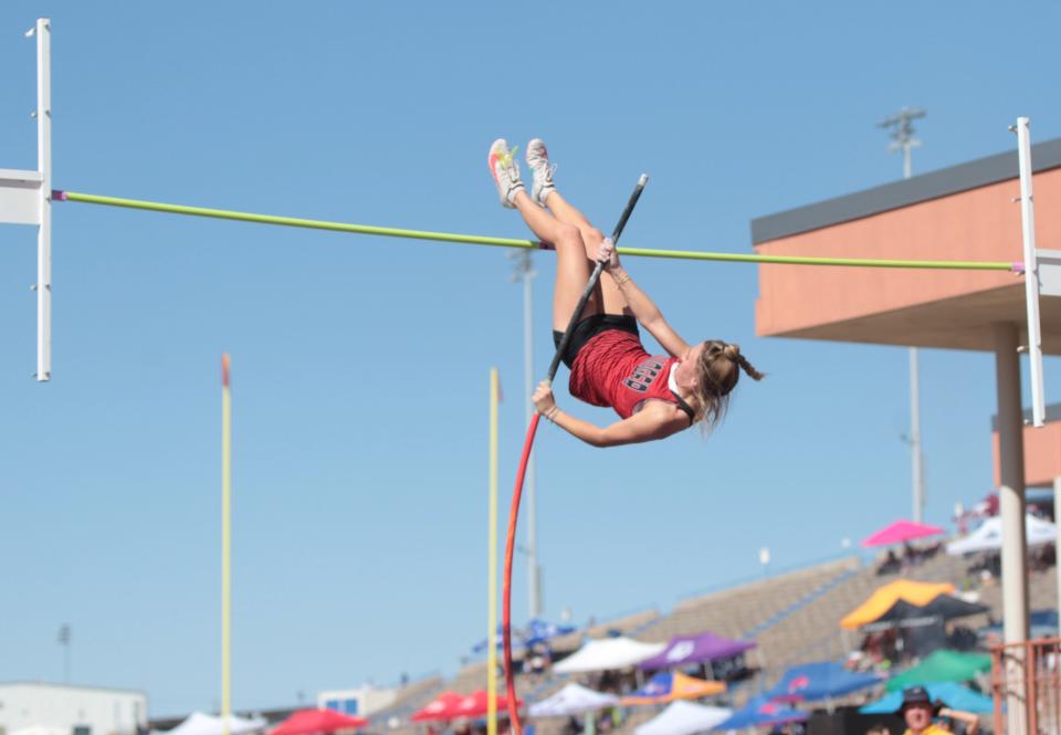 Ballinger High School's Jillian Halfmann attempts a height in the Division IV girls pole vault at the San Angelo Relays on Friday, March 25, 2022, at San Angelo Stadium.