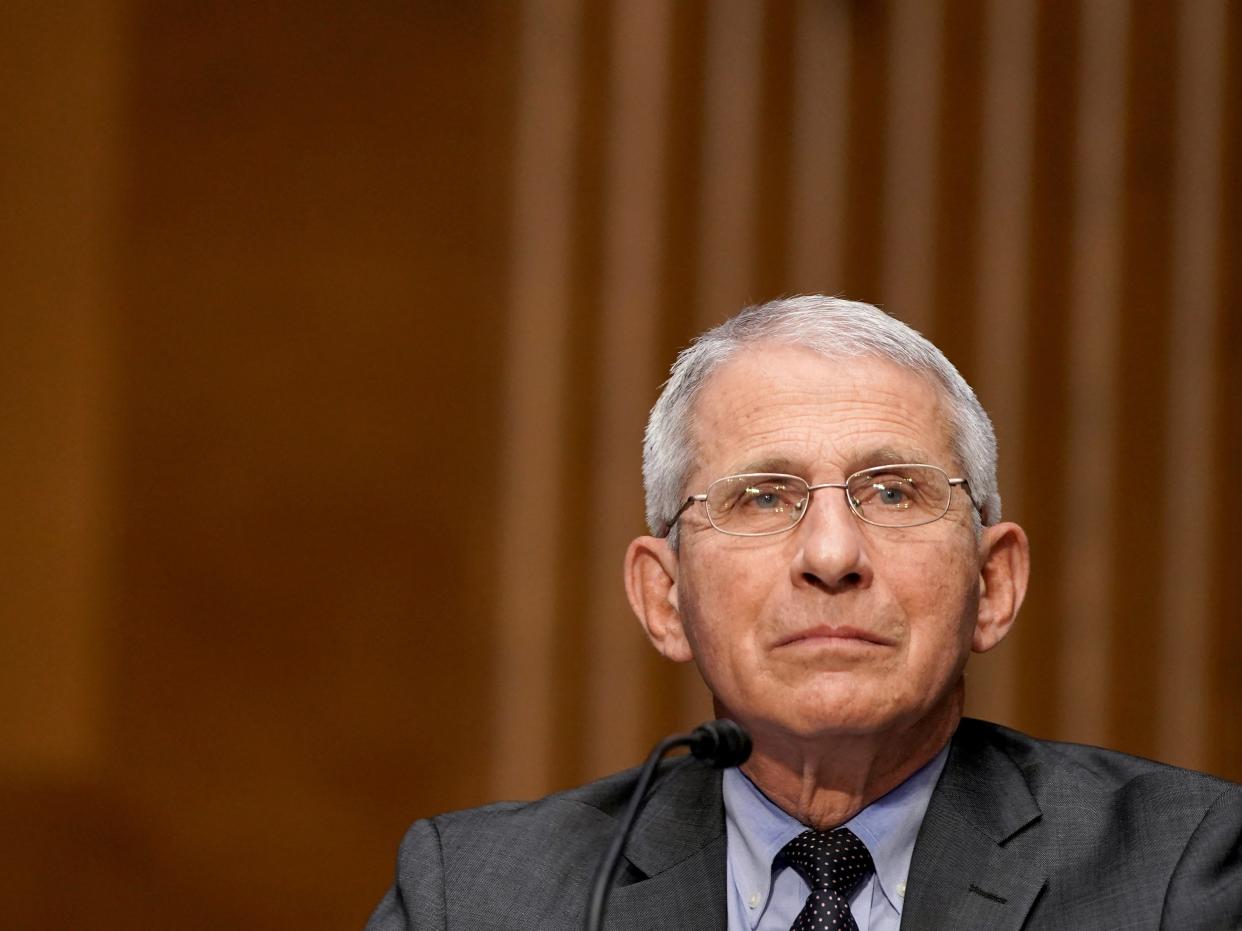 <p>Dr Anthony Fauci, director of the National Institute of Allergy and Infectious Diseases, speaks during a Senate Health, Education, Labor and Pensions Committee hearing to examine an update from Federal officials on efforts to combat Covid-19 on Tuesday, 11 May, 2021</p> (AP)