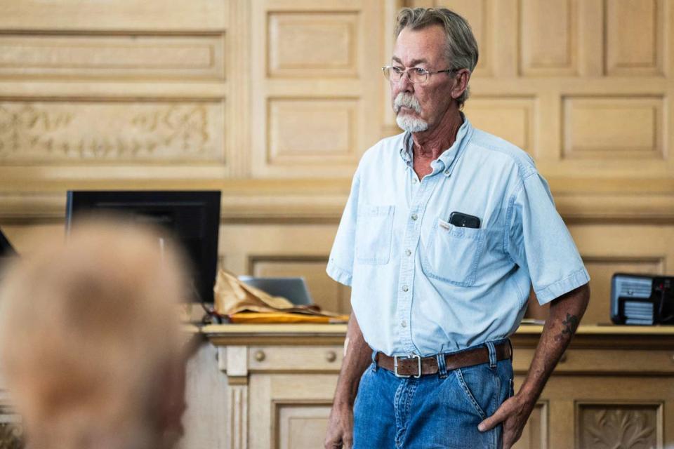 <p>Kyle Ocker/The Ottumwa Courier via AP</p> Defendant Gregory Showalter Sr. returns to his seat after testifying during his first-degree murder trial at the Wapello County Courthouse in Ottumwa, Iowa, on Sept. 20.