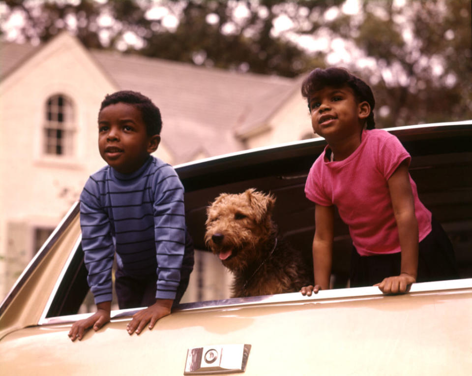 Two children and a dog peer out of a car's sunroof, with a house in the background
