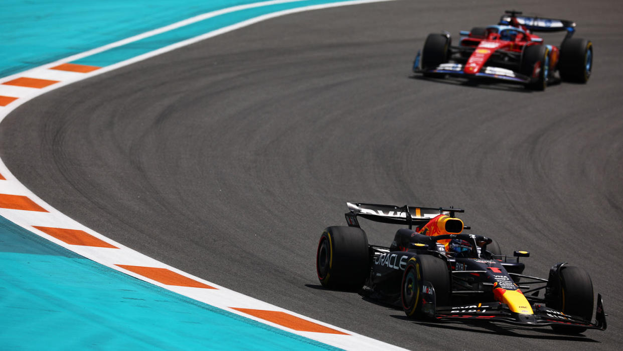 Max Verstappen drives the Oracle Red Bull Racing RB20 and leads Charles Leclerc driving the Ferrari SF-24 (Jared C. Tilton / Formula 1 via Getty Images)