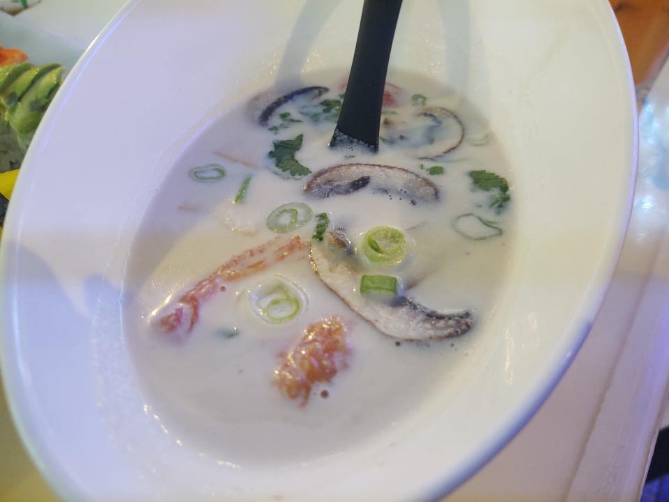 At Thai Smile Restaurant in Sebastian, the tom kar soup is sweet and sour with a coconut milk broth.