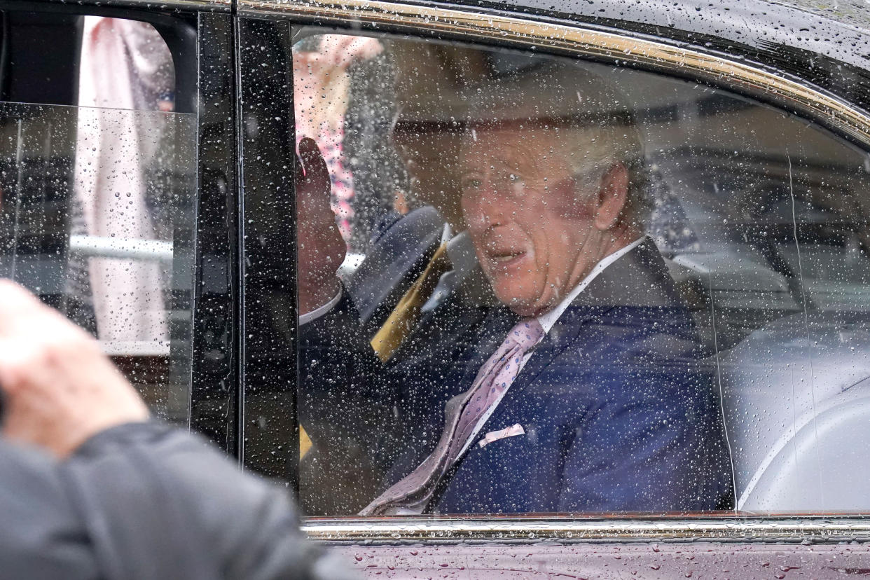 King Charles III leaves Westminster Abbey in London, after a rehearsal ahead of the coronation of King Charles III and Queen Camilla on Saturday. Picture date: Friday May 5, 2023. (Photo by James Manning/PA Images via Getty Images)