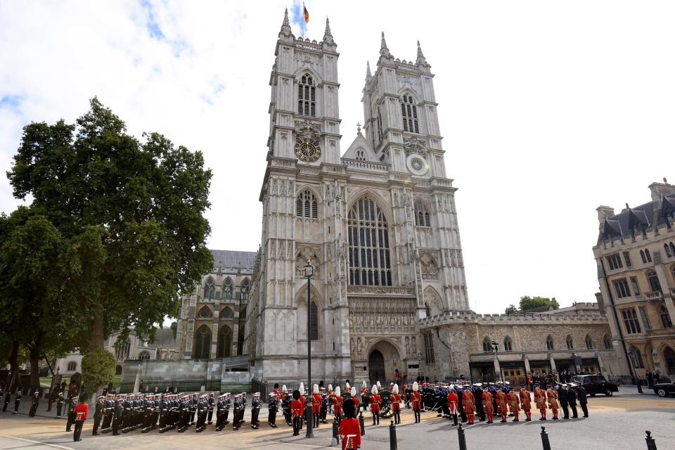 A general view of Westminster Abbey as the coffin of Queen Elizabeth II departs on September 19, 2022 in London, England. Elizabeth Alexandra Mary Windsor was born in Bruton Street, Mayfair, London on 21 April 1926. She married Prince Philip in 1947 and ascended the throne of the United Kingdom and Commonwealth on 6 February 1952 after the death of her Father, King George VI. Queen Elizabeth II died at Balmoral Castle in Scotland on September 8, 2022, and is succeeded by her eldest son, King Charles III.