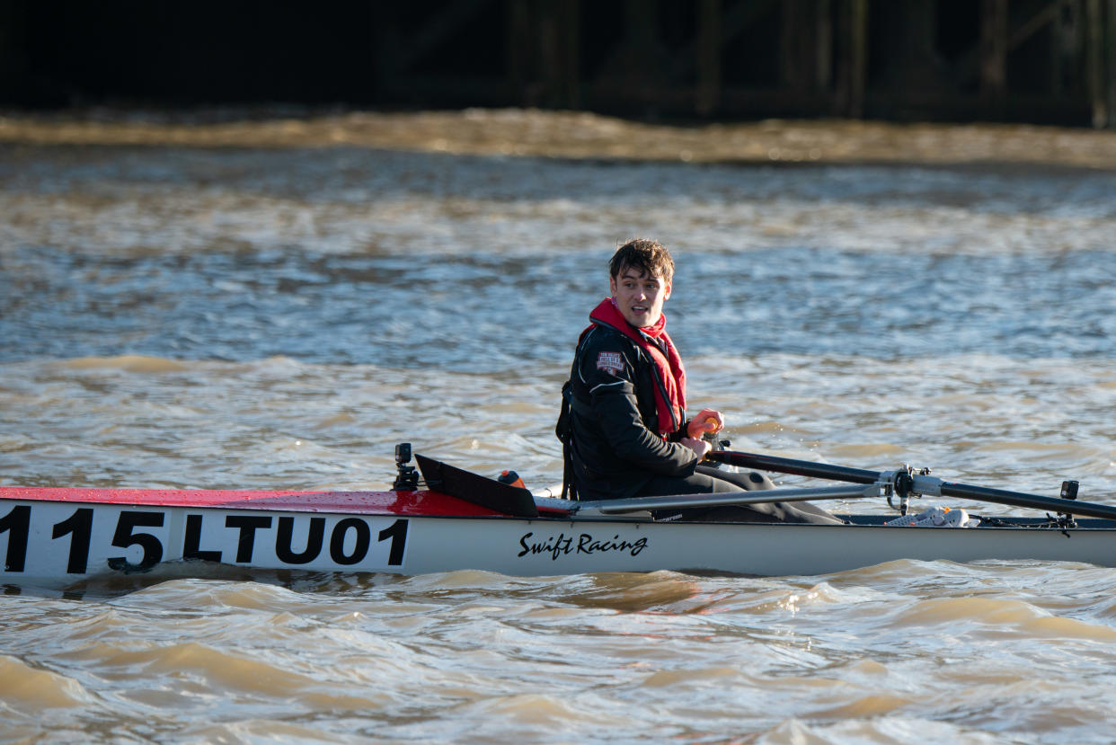 Tom Daley eventually managed to complete the six-mile first leg of his challenge. (Comic Relief/PLA/Todd-White Art Photography/Getty Images)