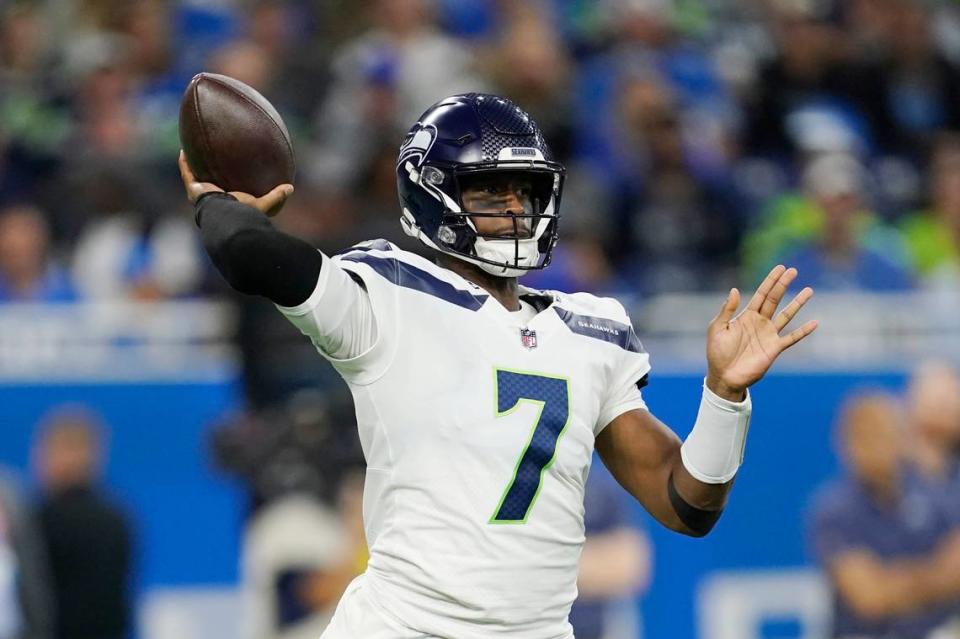Seattle Seahawks quarterback Geno Smith passes during the first half of an NFL football game against the Detroit Lions, Sunday, Oct. 2, 2022, in Detroit. (AP Photo/Paul Sancya)