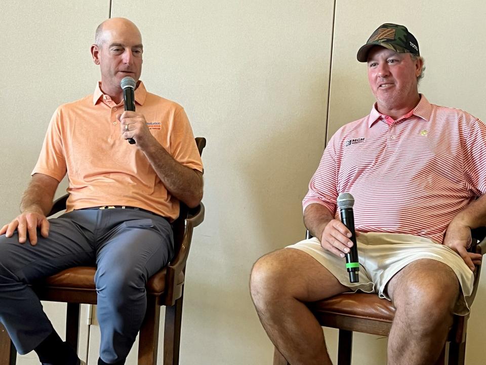 Three-time PGA Tour winner Boo Weekley (right) talks golf with Constellation Energy Furyk & Friends host Jim Furyk during a 2023 news conference at the Timuquana Country Club.