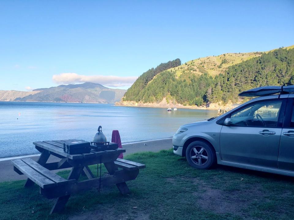 Petrina Darrah van parked next to water with picnic table next to it