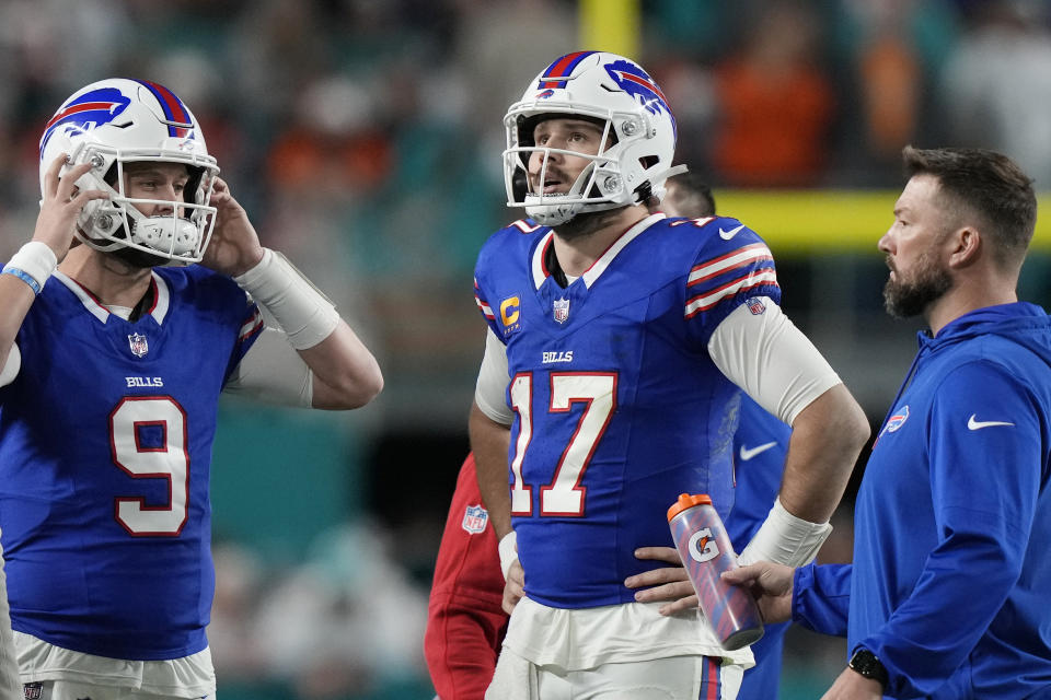 Buffalo Bills quarterback Josh Allen (17) looks up during a time out in the first half of an NFL football game against the Miami Dolphins, Sunday, Jan. 7, 2024, in Miami Gardens, Fla. (AP Photo/Lynne Sladky)