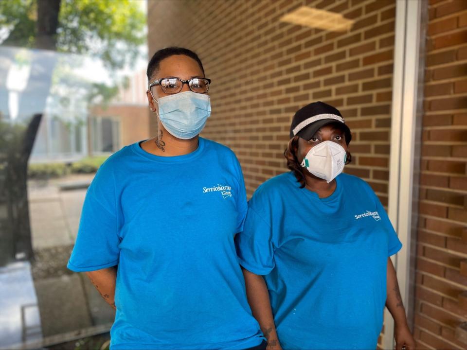 LaBarbara Wilkins, left, and LaQuanta Lee both clean Memphis-Shelby County Schools buildings for Service Master Clean. The district's board considered a contract Tuesday, May 31, 2022, that would make Service Master Clean the sole cleaning contractor and would require each employee be paid a minimum wage of $15 an hour.