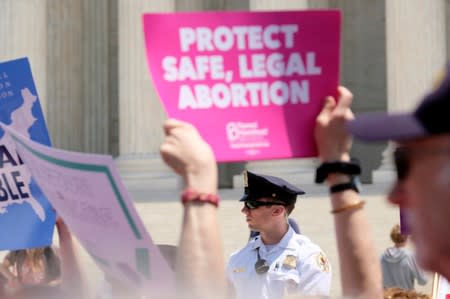 FILE PHOTO: U.S. Supreme Court Police guard the building during a protest against anti-abortion legislation at the U.S. Supreme Court in Washington