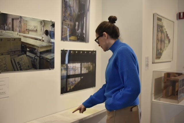 John Michael Kohler Arts Center Chief Curator Jodi Throckmorton points to letters exchanged between Ruth DeYoung Kohler and Joyce Kozloff on display, as seen, Tuesday, March 12, in Sheboygan, Wis.