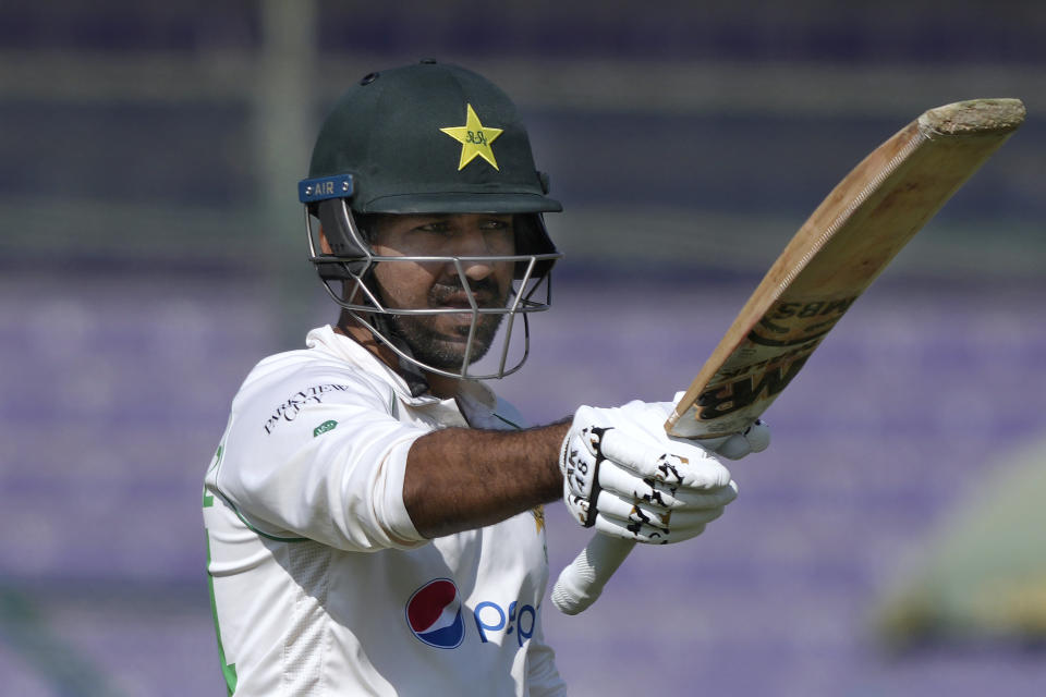 Pakistan's Sarfraz Ahmed celebrates after scoring 50 runs during the third day of the second test cricket match between Pakistan and New Zealand, in Karachi, Pakistan, Wednesday, Jan. 4, 2023. (AP Photo/Fareed Khan)