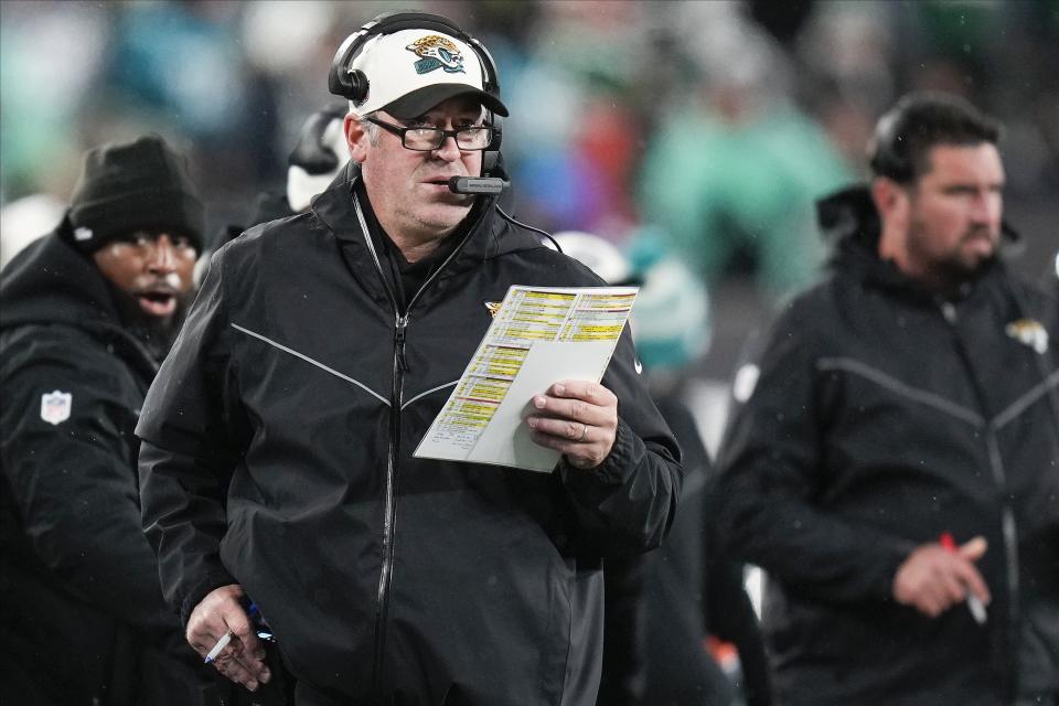 Jacksonville Jaguars head coach Doug Pederson watches play against the New York Jets during the second quarter of an NFL football game, Thursday, Dec. 22, 2022, in East Rutherford, N.J. (AP Photo/Seth Wenig)