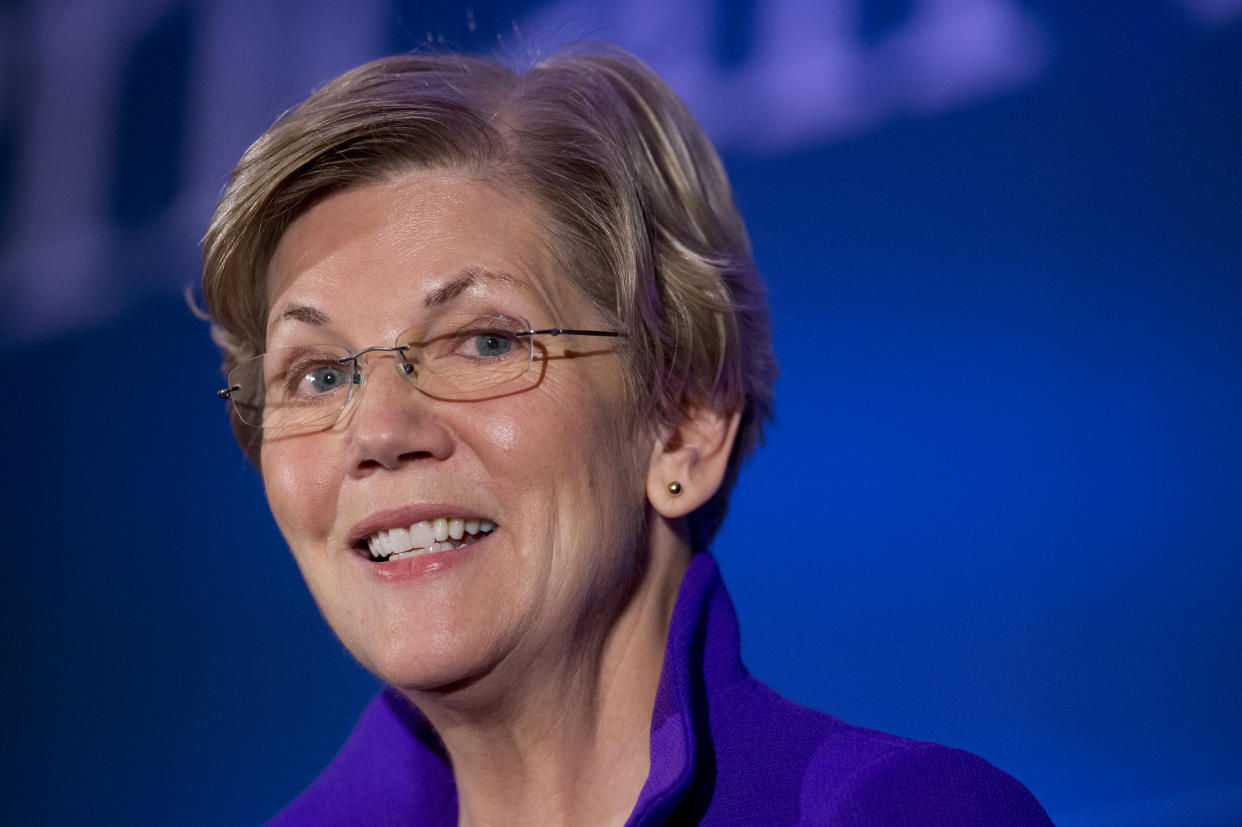 Sen. Elizabeth Warren, D-Mass. speaks to the Center for American Progressï¿½s Second Annual Policy Conference in Washington, Wednesday, Nov. 19, 2014.  (AP Photo/Manuel Balce Ceneta)