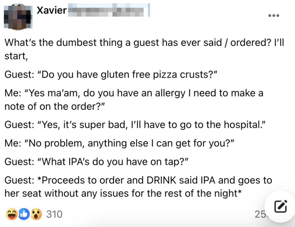 Post sharing a humorous exchange about a guest's gluten allergy and ordering an IPA beer