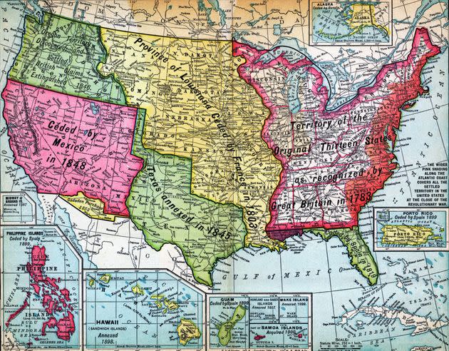 A map of the United States and its possessions shows territorial growth from the original 13 Colonies up to the inclusion of the islands of American Samoa. (Photo: Bettmann via Getty Images)