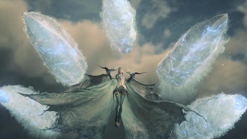 A Final Fantasy 16 character controls five large ice shards in a cloudy sky.