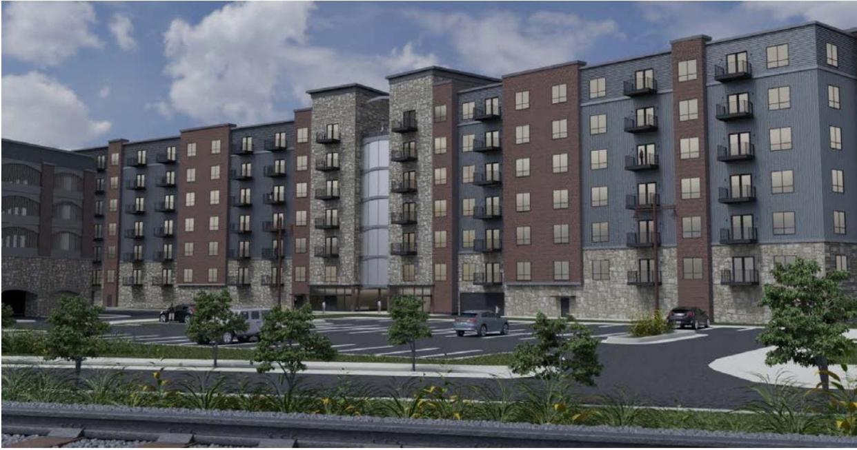 A rendering of the exterior of the seven-story "The Sterling" apartment complex that S.C. Swiderski plans to build in Wausau's Riverlife District along the Wisconsin River. The 200-unit apartment complex will include studio, one-bedroom, two-bedroom and penthouse units.