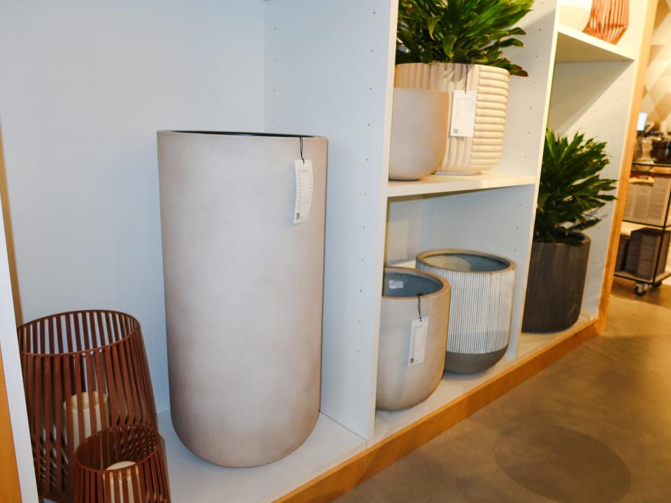 Several plants on white shelves at West Elm. The planters are in gray and earth tones and look as though they're made from stone.