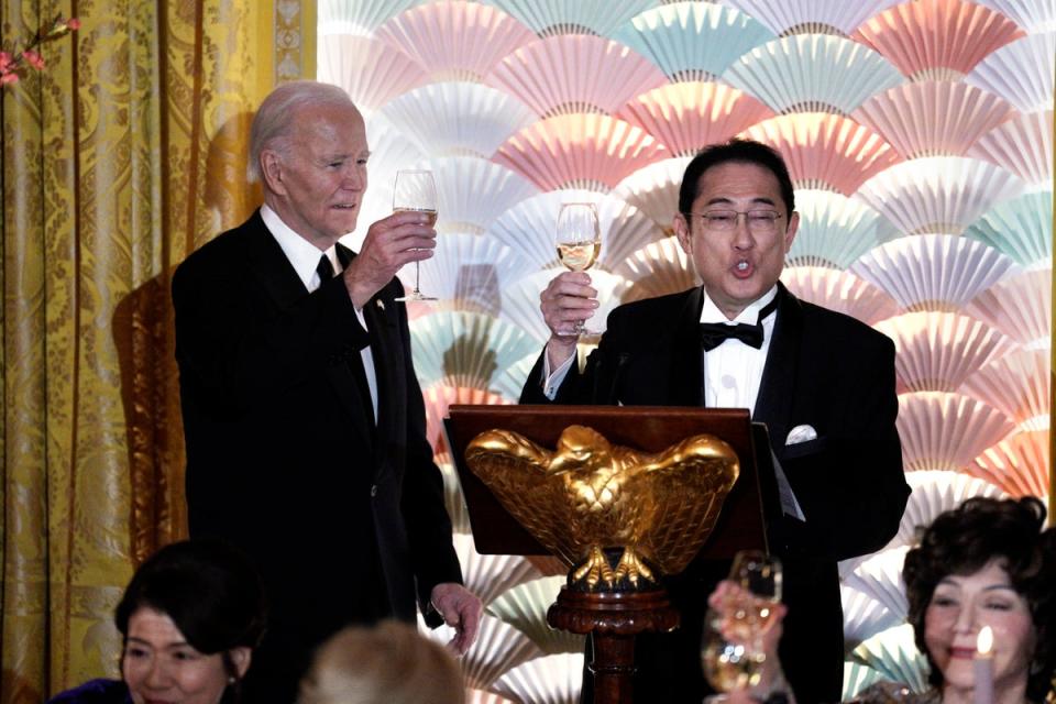Both Mr Biden and Mr Kishida took to the stage for a lighthearted, warm address to the crowd, where the former spoke of the two nations’ ‘friendship’ and the latter invoked an iconic phrase from ‘Star Trek’ (EPA)