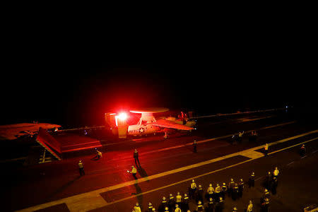 A U.S. Navy E-2C Hawkeye prepares to take off from the USS Harry S. Truman aircraft carrier in the eastern Mediterranean Sea, May 4, 2018. REUTERS/Alkis Konstantinidis