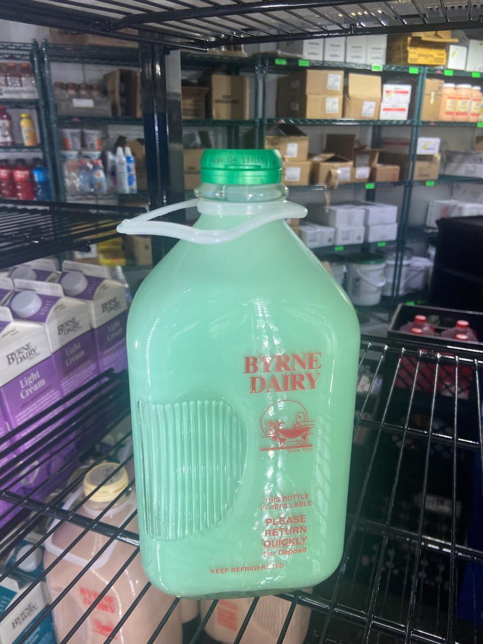 Byrne Dairy makes and sells Irish mint milk for several weeks around St. Patrick's Day each year. The specialty milk is sold in glass half-gallon containers starting in late February through St. Patrick's Day.