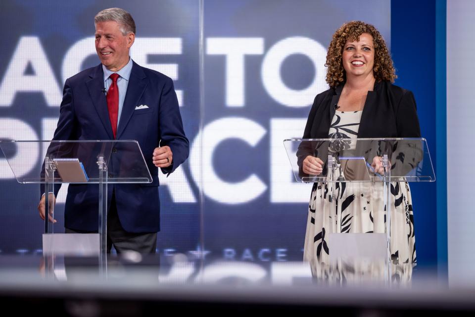 Candidates Bruce Hough and Celeste Maloy smile at the conclusion of a televised debate at KSL-TV in Salt Lake City on Tuesday, Aug. 15, 2023. The two are running in the GOP primary to replace Rep. Chris Stewart in Utah’s 2nd Congressional District. | Spenser Heaps, Deseret News