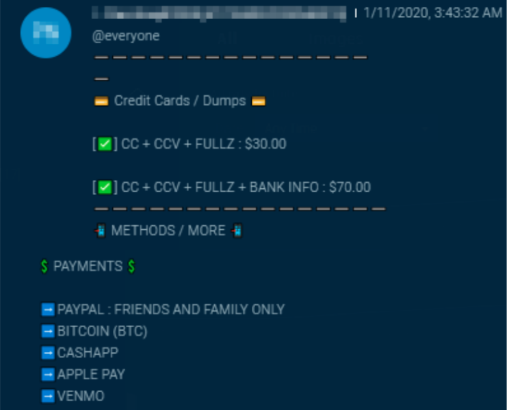 A listing for a dump of credit card info. (Sixgill)