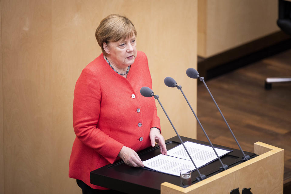 BERLIN, GERMANY - JULY 03: German Chancellor Angela Merkel is pictured during a statement about the EU Council Presidency of Germany during the meeting of the federal council on July 03, 2020 in Berlin, Germany. (Photo by Florian Gaertner/Photothek via Getty Images)