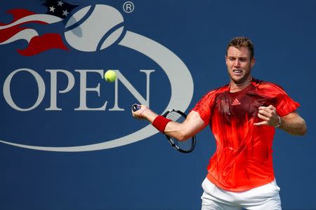 Sep 3, 2015; New York, NY, USA; Jack Sock of the United States hits a forehand against Ruben Bemelmans of Belgium (not pictured) on day four of the 2015 U.S. Open tennis tournament at USTA Billie Jean King National Tennis Center. Mandatory Credit: Geoff Burke-USA TODAY Sports / Reuters Picture Supplied by Action Images