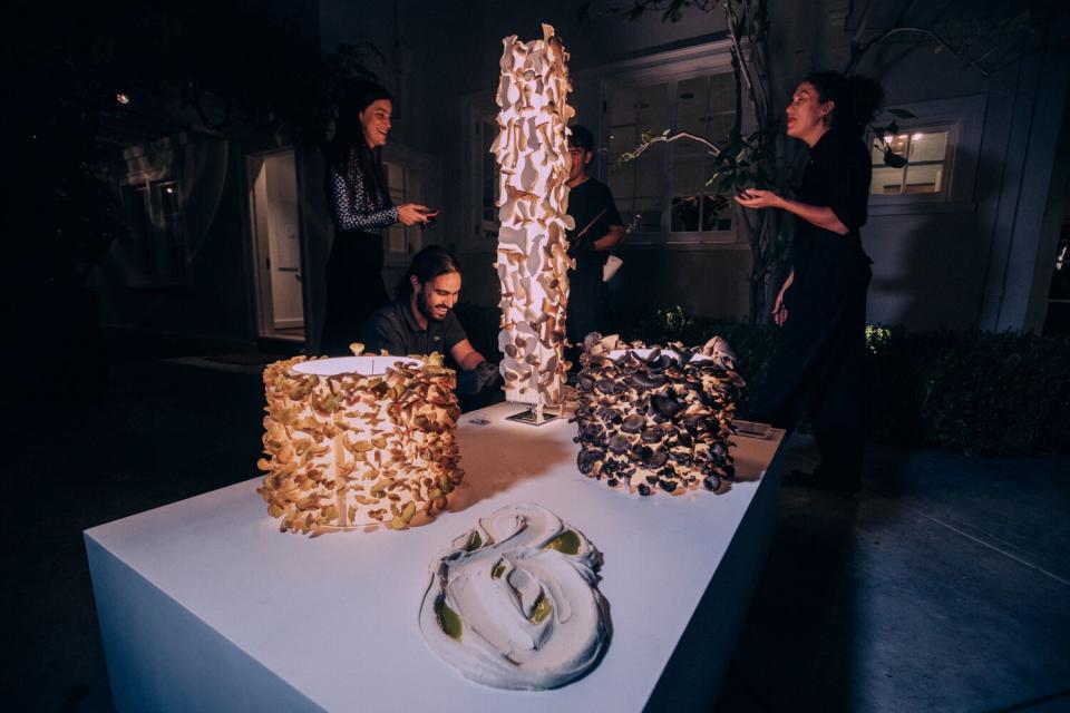 Sculptures covered in mushrooms.