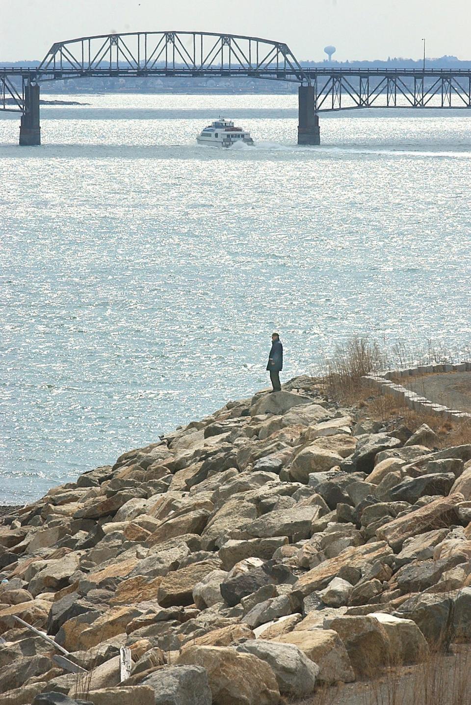 A 2004 view of the Long Island Bridge from Spectacle Island.