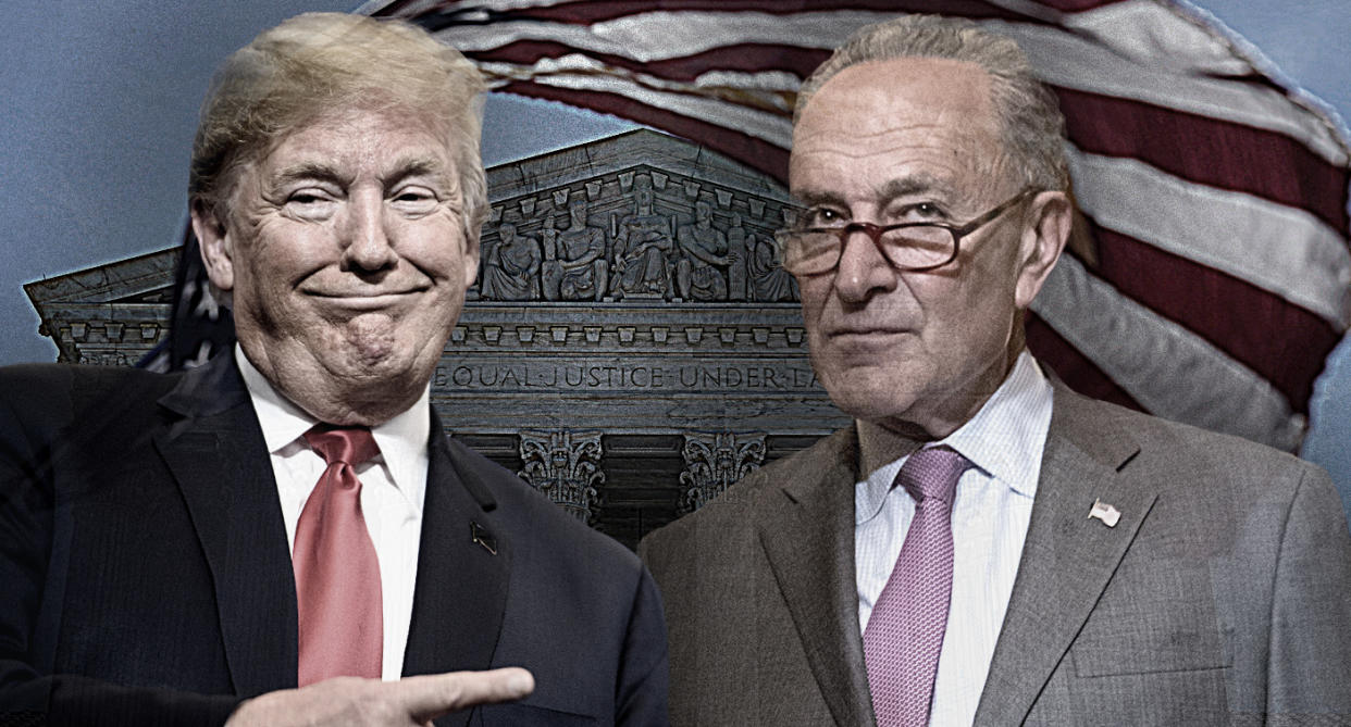 Donald Trump, Chuck Schumer. (Photo illustration: Yahoo News; photos: Brendan Smialowski/AFP/Getty Images, Andrew Harnik/AP, Toya Sarno Jordan/Reuters)