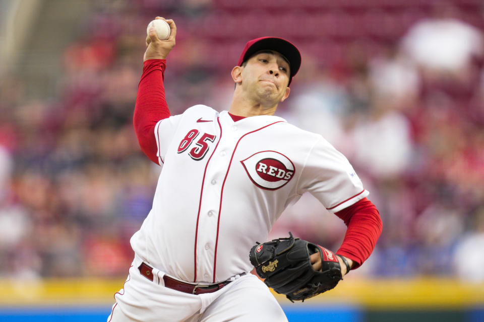 Cincinnati Reds starting pitcher Luis Cessa throws against the Chicago Cubs in the second inning of a baseball game in Cincinnati, Tuesday, April 4, 2023. (AP Photo/Jeff Dean)