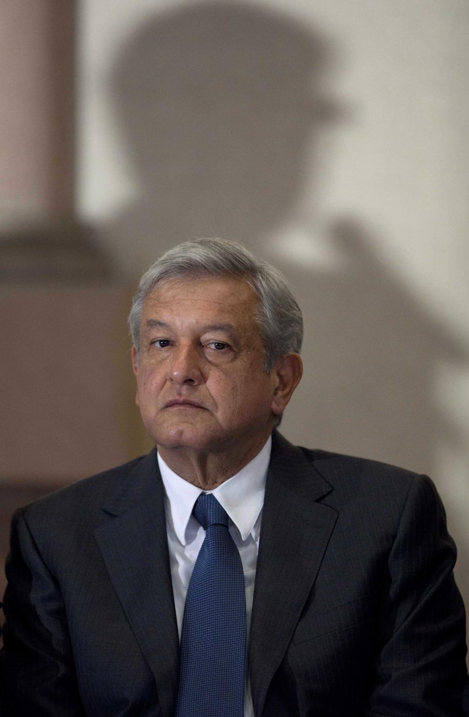 Andres Manuel Lopez Obrador, presidential candidate for the Democratic Revolution Party (PRD), attends a news conference in Mexico City, Friday, July 20, 2012. Lopez Obrador claims that winning candidate of Mexico’s presidential election, Enrique Pena Nieto engaged in overspending and vote buying. (AP Photo/Alexandre Meneghini)