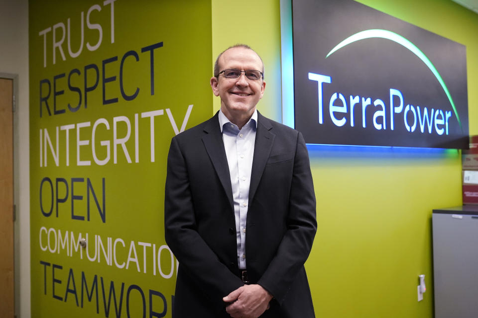 Chris Levesque, president and CEO of TerraPower, a company developing and building small nuclear reactors, poses for a photo in the company's lobby, Thursday, Jan. 13, 2022, in Everett, Wash. (AP Photo/Elaine Thompson)