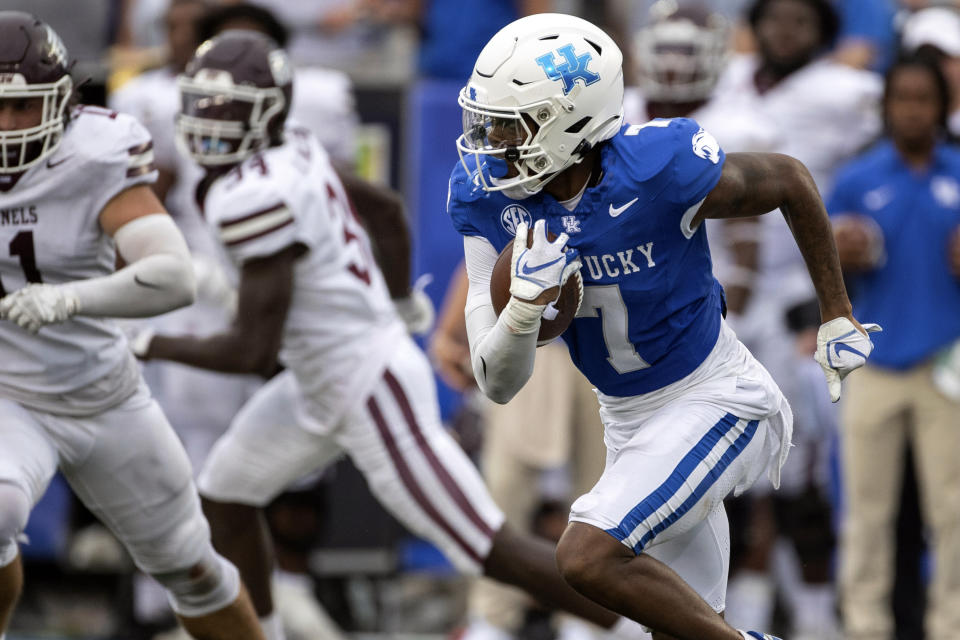 Kentucky wide receiver Barion Brown (7) runs during the second half of an NCAA college football game against Eastern Kentucky in Lexington, Ky., Saturday, Sept. 9, 2023. (AP Photo/Michelle Haas Hutchins)