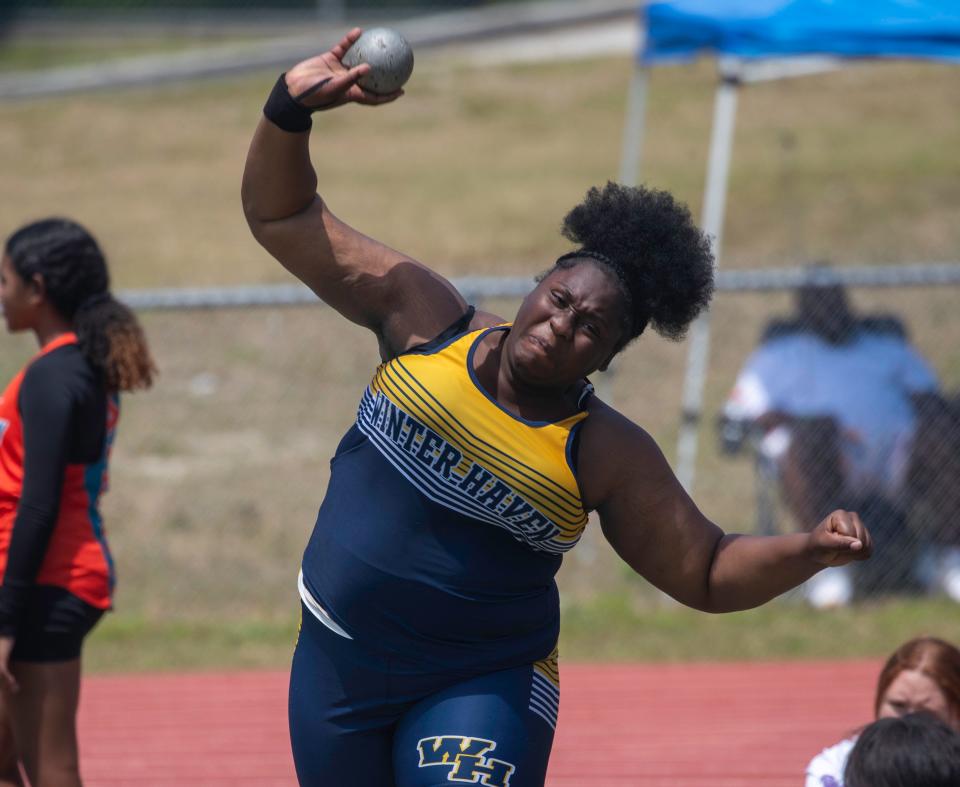 Winter Haven's Olivia Celiscar wins shot put on Thursday at the Class 4A, District 6 track and field meet at George Jenkins High School.