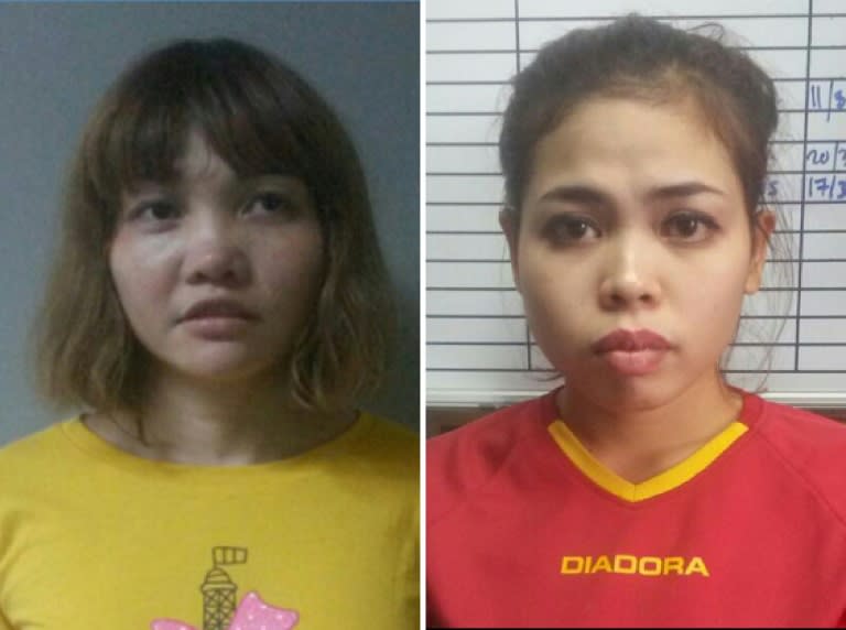 This combination of file handout pictures shows suspects Doan Thi Huong of Vietnam (L) and Siti Ashyah of Indonesia (R), who were detained in connection to the February assassination of Kim Jong-Nam, half brother of North Korean leader Kim Jong-Un