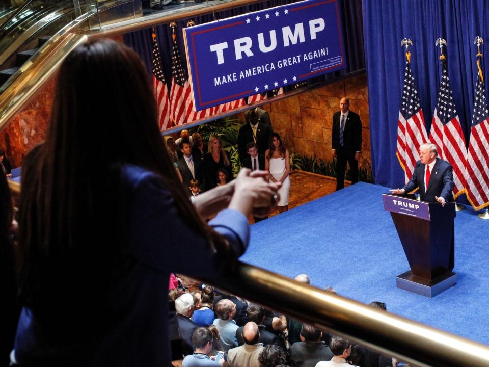 Donald Trump speaks at his 2016 presidential campaign announcement at Trump Tower.