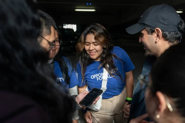 Student Karely Amaya, center, organizes an “opportunity for all” activism group at UCSF Mission Bay Conference Center in San Francisco on Jan. 25, 2024. (Loren Elliott)