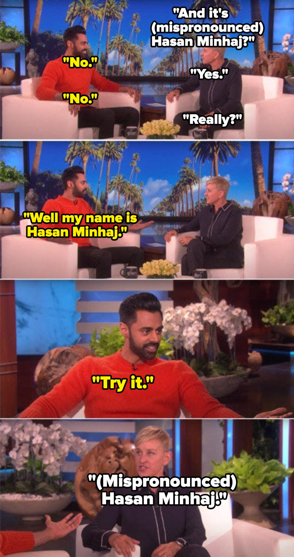 Ellen purposely mispronouncing Hasan's name for laughs