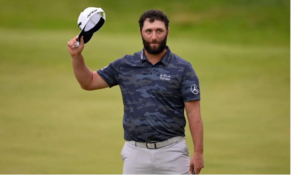 Jon Rahm acknowledges the crowd during the third round of the Open Championship.