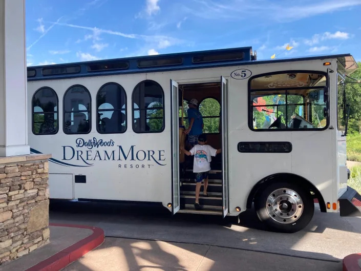 The shuttle to and from Dollywood at Dollywood's DreamMore Resort.