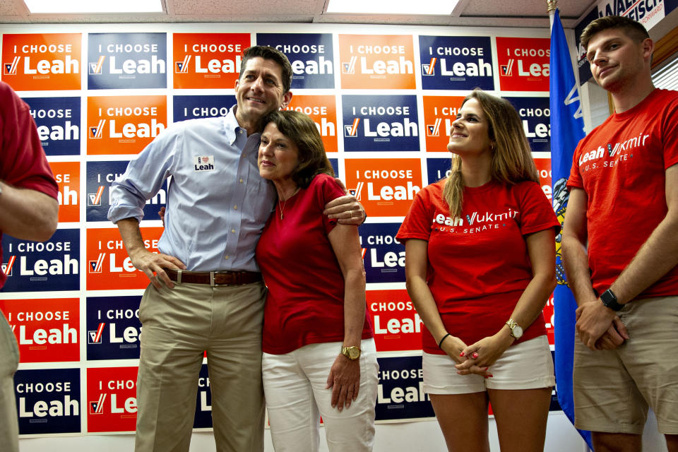 <span class="s1">House Speaker Paul Ryan with Leah Vukmir and her children, Elena and Niko, during a campaign stop on Aug. 13. (Photo: Daniel Acker/Bloomberg via Getty Images)</span>