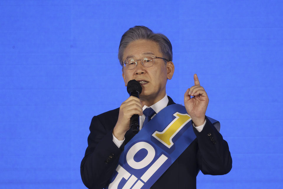 Gyeonggi Governor Lee Jae-myung, one of the ruling Democratic Party's contenders for next year's presidential election, speaks during the final campaign to choose the presidential election candidate in Seoul, South Korea, Sunday, Oct. 10, 2021. (Kim Hong-ji/Pool Photo via AP)