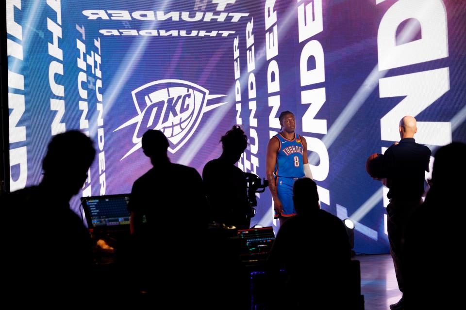 Jalen Williams (8) waits for instructions at a video station at Thunder Media Day, held in the Oklahoma City Convention Center on Monday, Oct. 2, 2023.